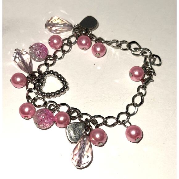 Vintage Silver Tone Pink Glass Crystal Bead Charm Bracelet Awareness B#18 - Picture 1 of 7